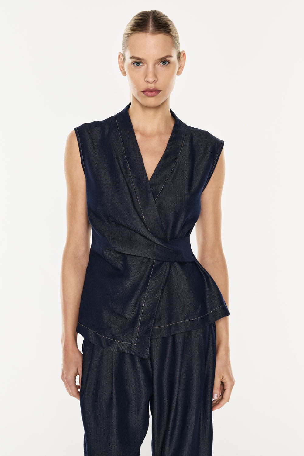 Image of Scarves & Shawls. Productname: Quiet Command Wrap Top in Indigo colour by brand - Manning Cartell