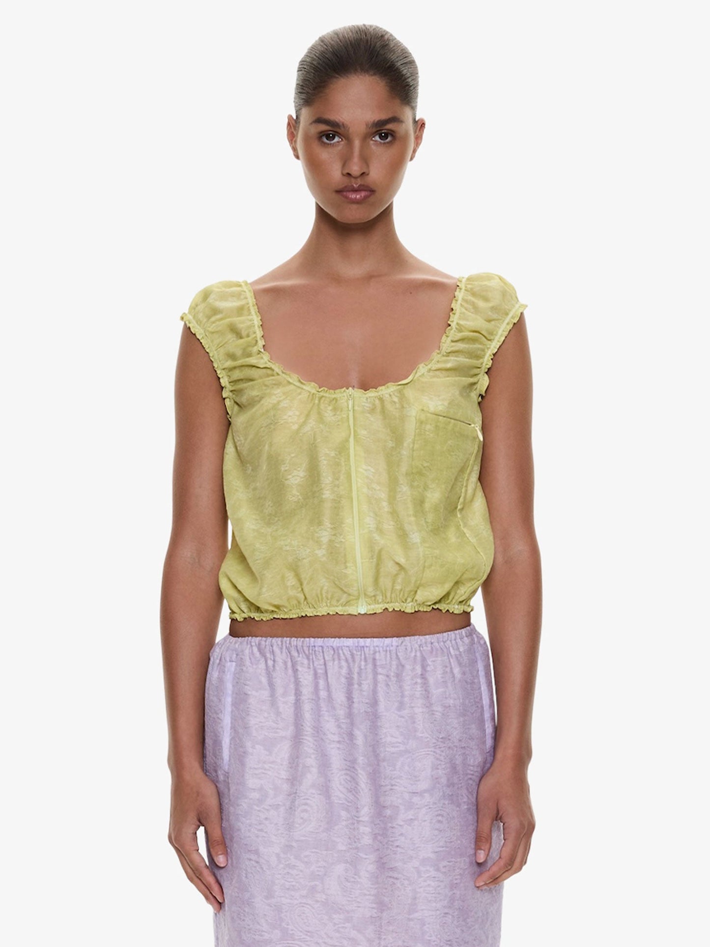 Image of Clothing Tops. Product name - Light Leak Jacquard Zip Up Top in Chartreuse colour by brand - CHRISTOPHER ESBER