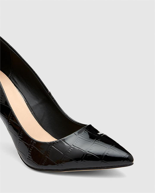 Image of Shoes. Product name - Irania Women's Court High Heel Black Croc Novo Court in Black Croc colour by brand - NOVO