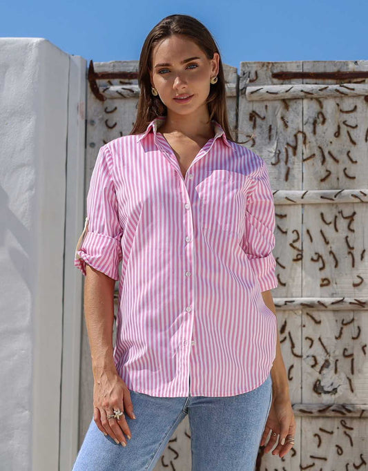 Image of a model wearing Tops. Productname: Amalfi Stripe Shirt - in Pink/White colour by brand - 132 Fashion