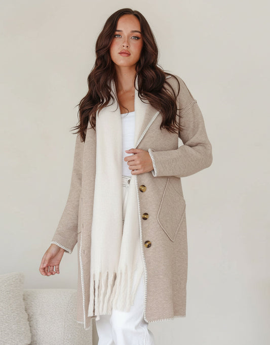 Image of a model wearing Outerwear. Product name - Aria Blanket Stitch Coatigan Mocha in Mocha colour by brand - 132 Fashion