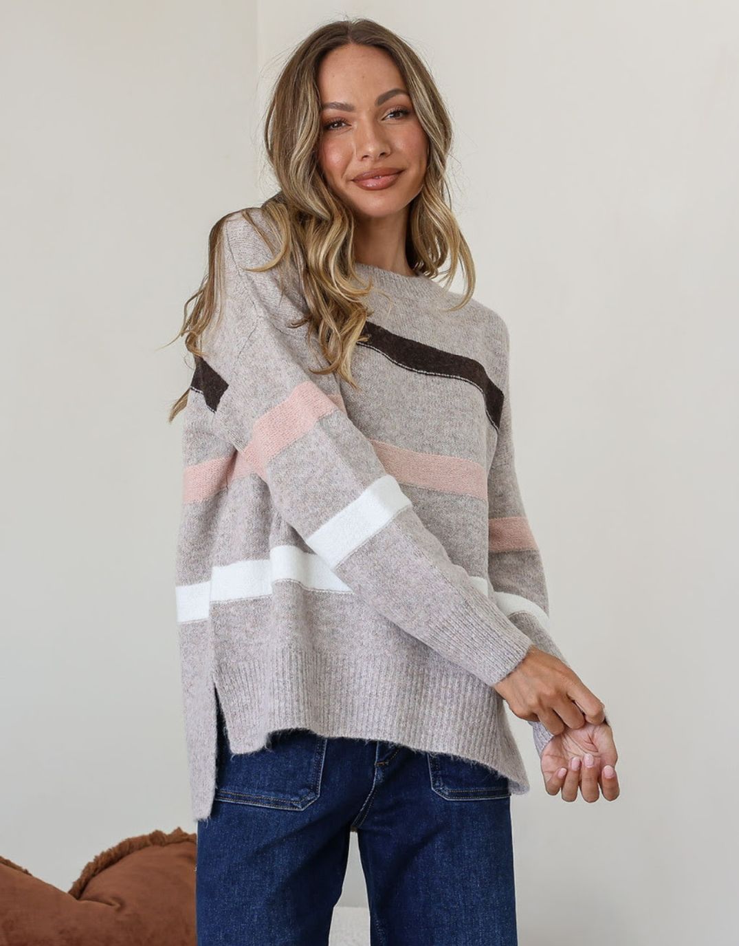 132 Fashion Aspen Stripe Knit (Warm Beige/Choco/Blush)