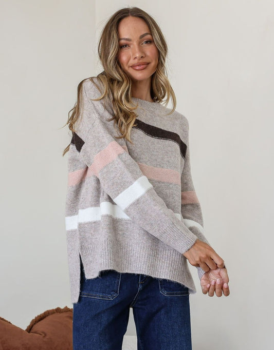 Aspen Stripe Knit - (Warm Beige/Choco/Blush)