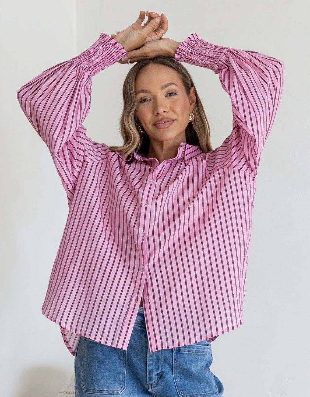 132 Fashion Bria Stripe Shirred Cuff Shirt (Pink/Wine)