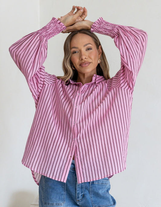 Bria Stripe Shirred Cuff Shirt - (Pink/Wine)