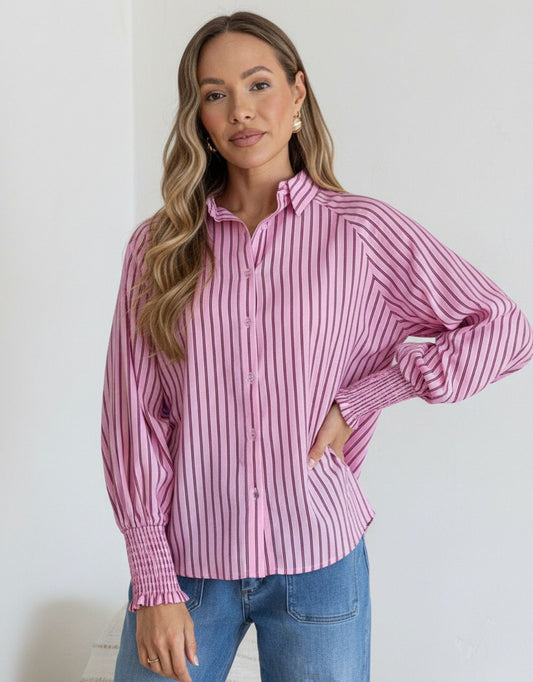 Image of a model wearing Tops. Productname: Bria Stripe Shirred Cuff Shirt - in Pink/Wine colour by brand - 132 Fashion