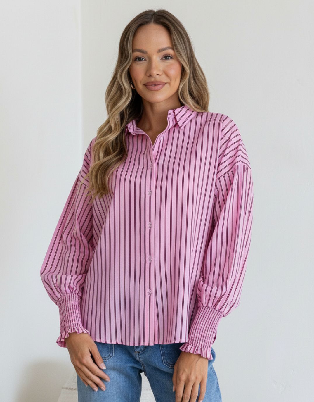 132 Fashion Bria Stripe Shirred Cuff Shirt (Pink/Wine)