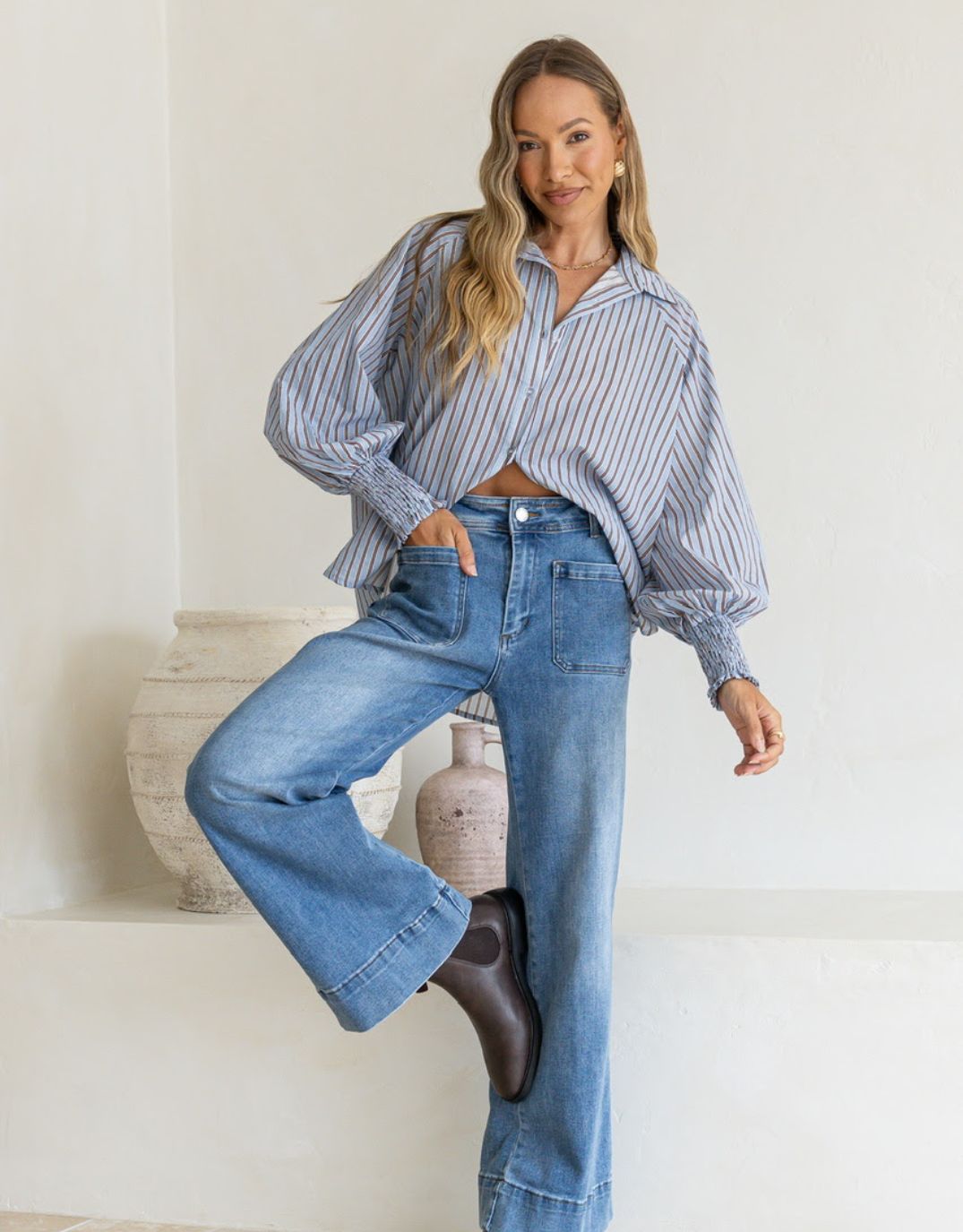 132 Fashion Bria Stripe Shirred Cuff Shirt (Powder Blue/Chocolate)
