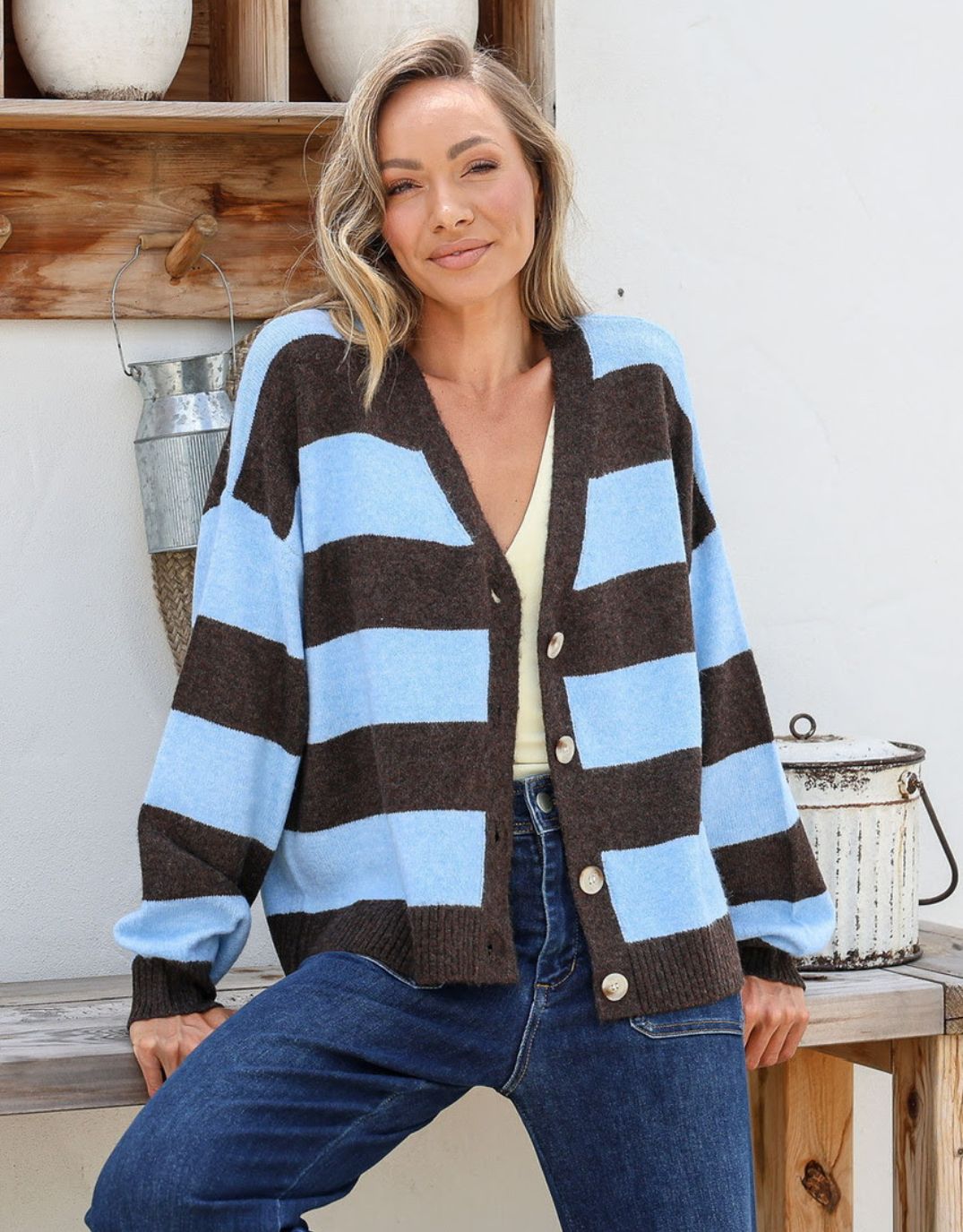 132 Fashion Briar Block Stripe Cardi (Chocolate/Powder Blue)