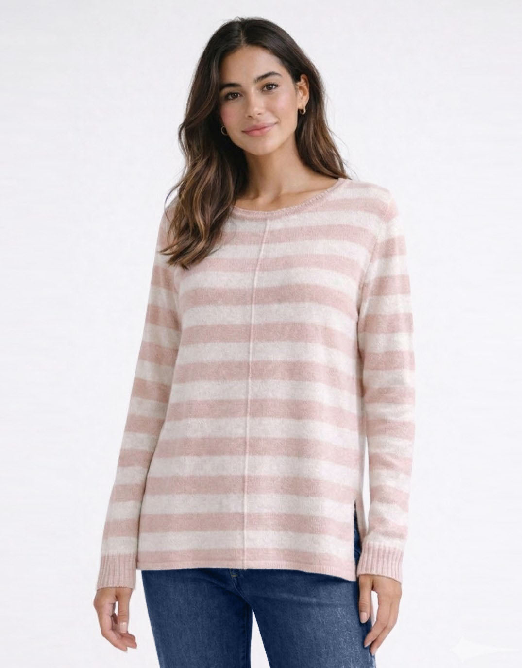 Image of a model wearing Outerwear. Productname: Calista lightweight Stripe Knit - in Blush/Latte colour by brand - 132 Fashion