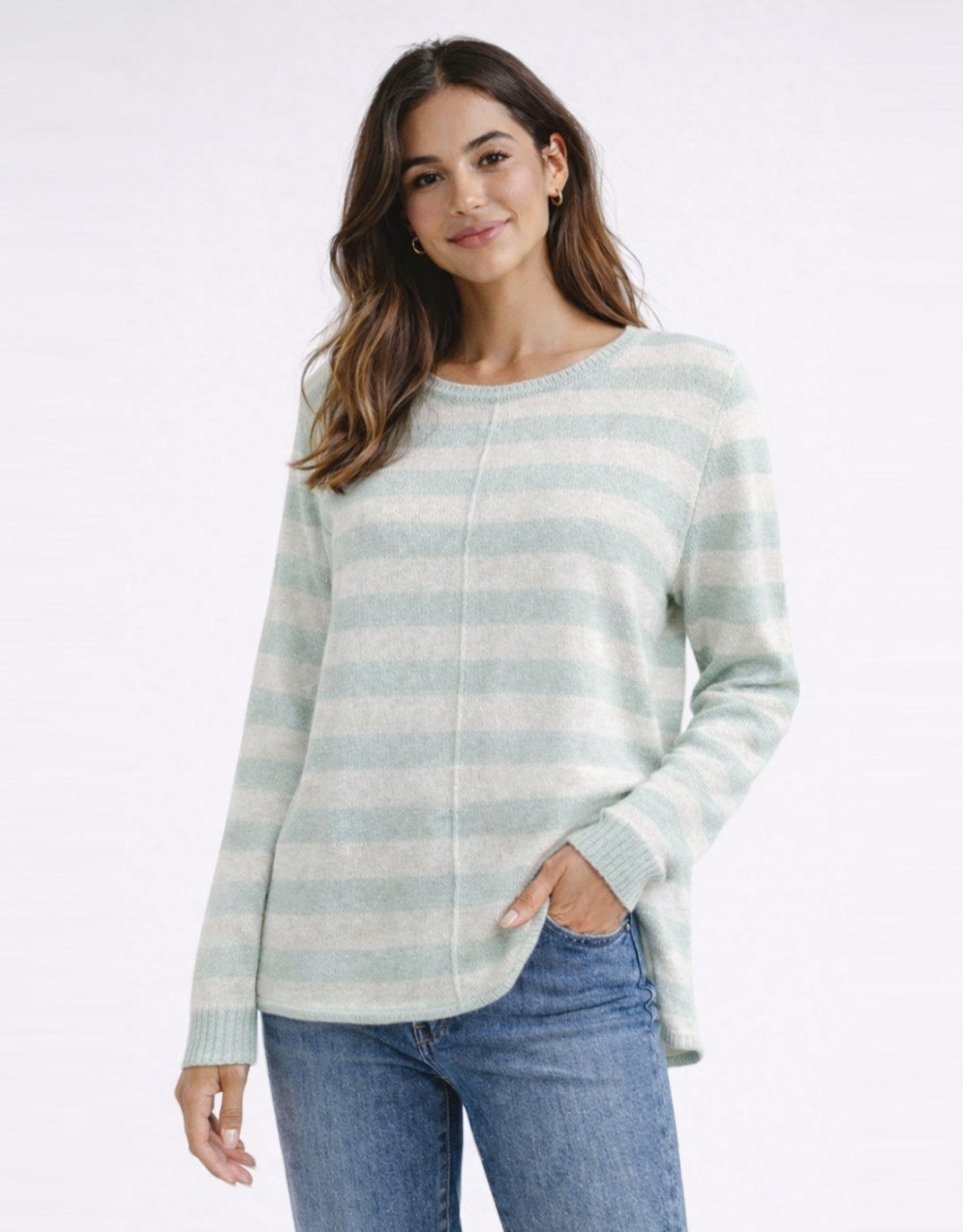Image of a model wearing Outerwear. Productname: Calista lightweight Stripe Knit - in Sage/Latte colour by brand - 132 Fashion