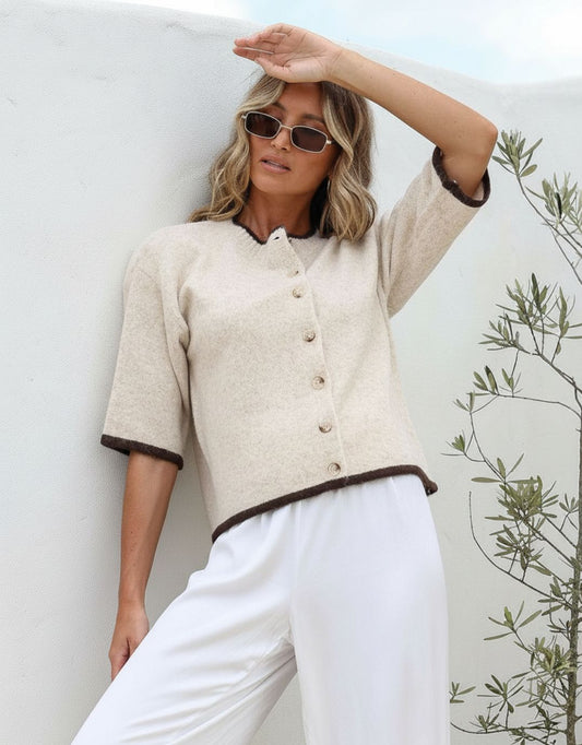 132 Fashion Cora Quarter Sleeve Cardi (Latte/Choc)