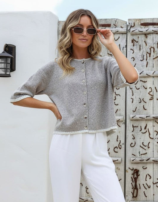 Cora Quarter Sleeve Cardi - (Warm Beige/Latte)