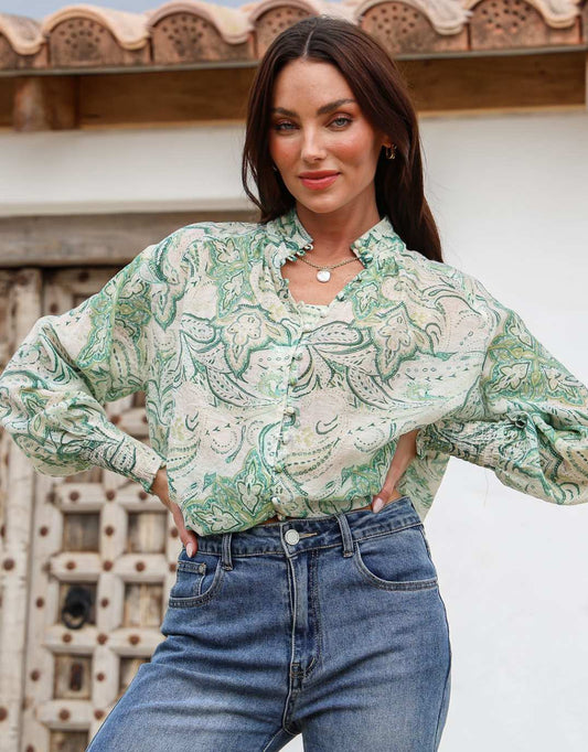 Dana Shirred Cuff Button Blouse - (Green)