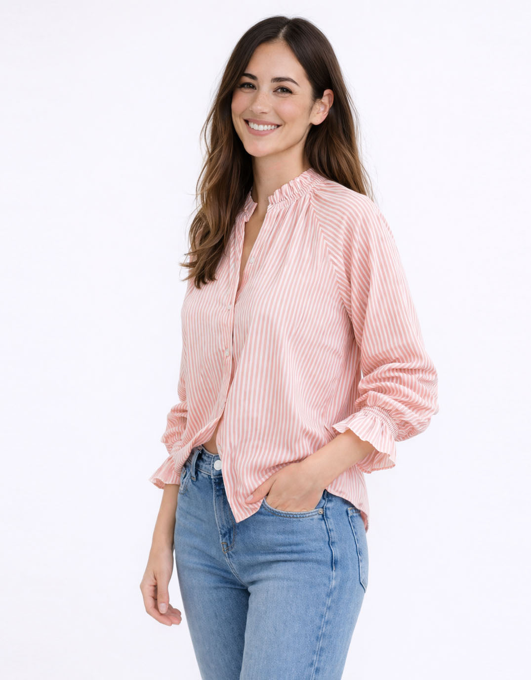 132 Fashion Danica Seersucker Shirt (Mango/White)