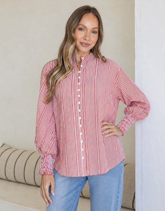 Image of a model wearing Tops. Product name - Elara Blouse Red/White Stripe in Red/White Stripe colour by brand - 132 Fashion