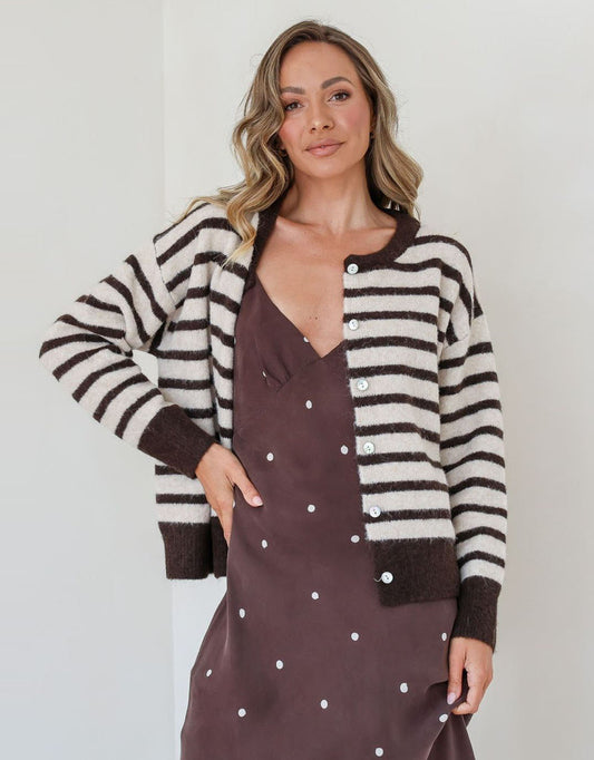 Image of a model wearing Outerwear. Product name - Eliza Stripe Cardi Chocolate/Natural in Chocolate/Natural colour by brand - 132 Fashion