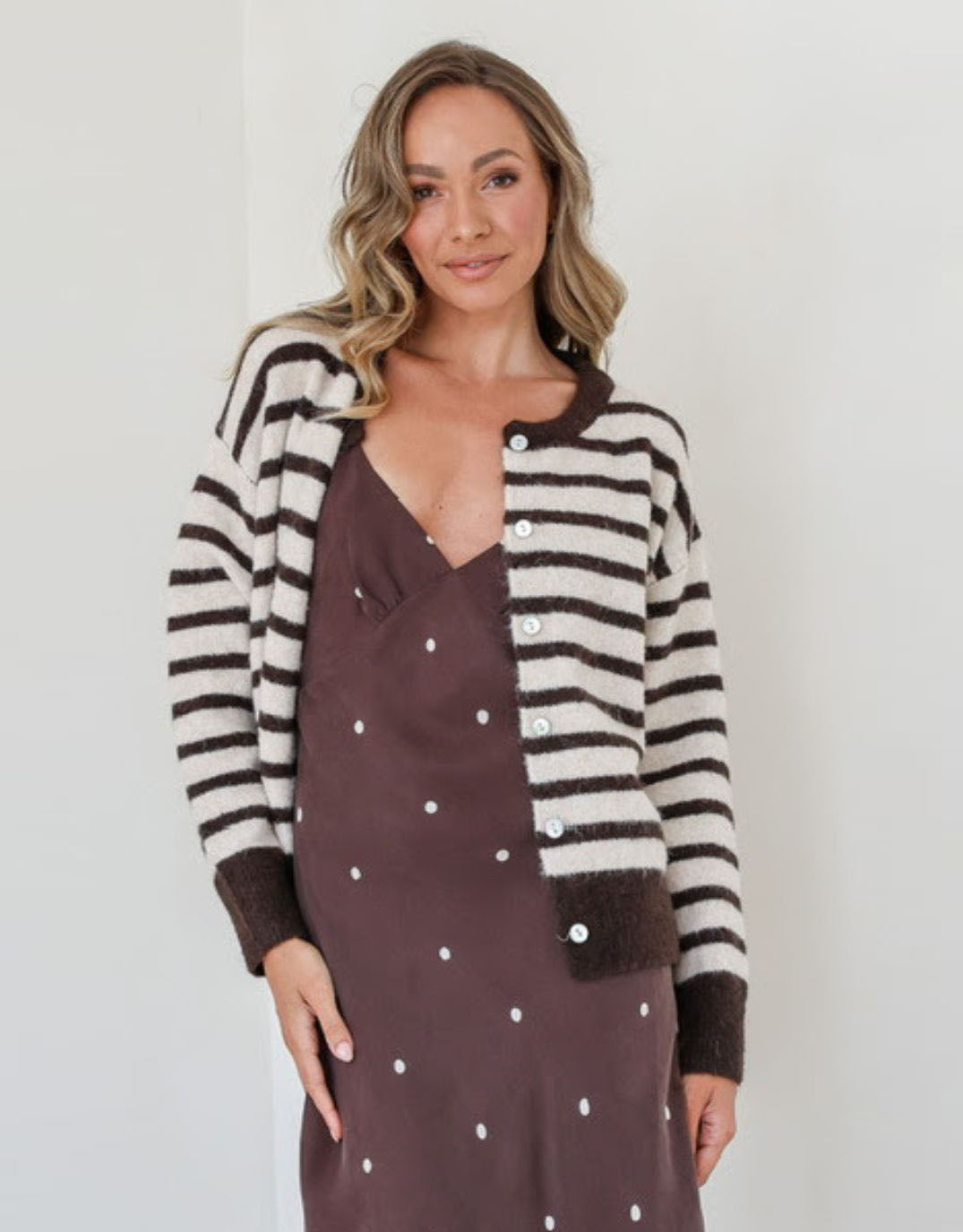 132 Fashion Eliza Stripe Cardi (Chocolate/Natural)