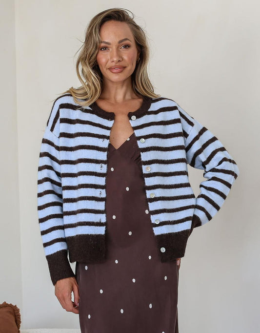 Image of a model wearing Outerwear. Product name - Eliza Stripe Cardi Pale Blue/Chocolate in Pale Blue/Chocolate colour by brand - 132 Fashion
