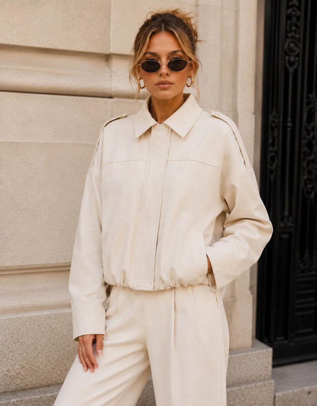 Image of Jackets. Product name - Elle Bomber Jacket Cream in Cream colour by brand - 132 Fashion