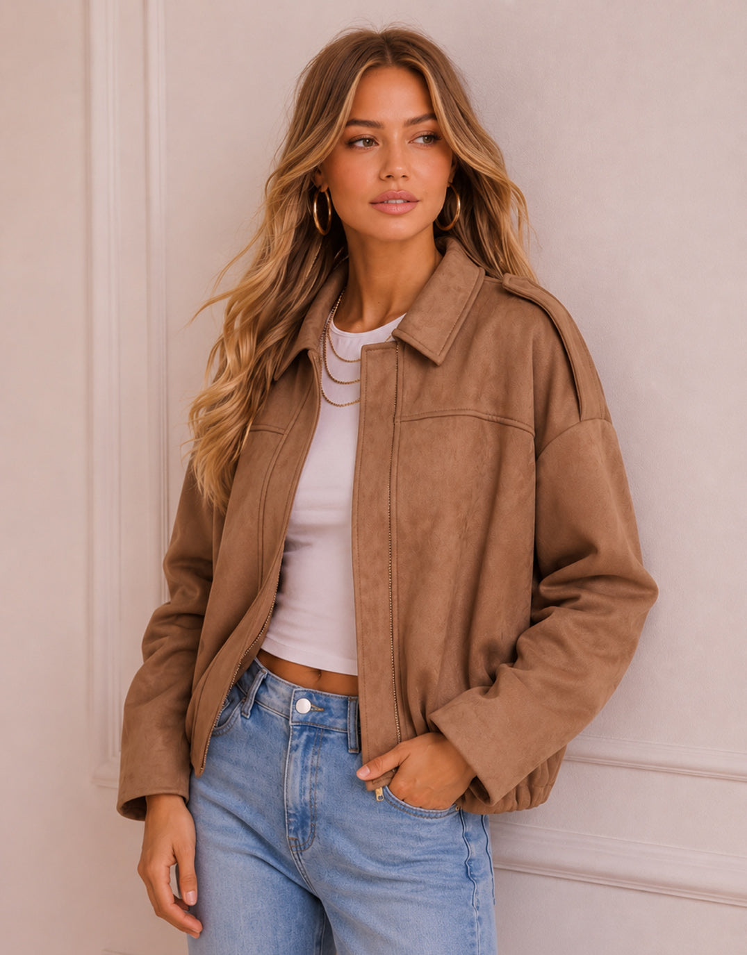 132 Fashion Elle Bomber Jacket (Soft Tan)