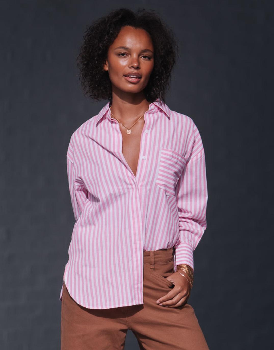 Image of a model wearing Tops. Productname: Emerson Stripe Shirt - in Pink/White colour by brand - 132 Fashion