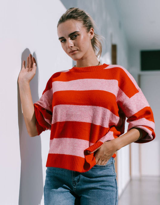 Image of a model wearing Outerwear. Productname: Frankie Stripe Knit - in Red/Pink colour by brand - 132 Fashion