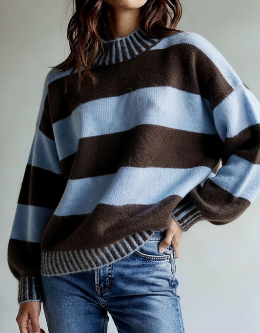 132 Fashion Gigi Wool Blend Stripe Knit (Chocolate/Blue)