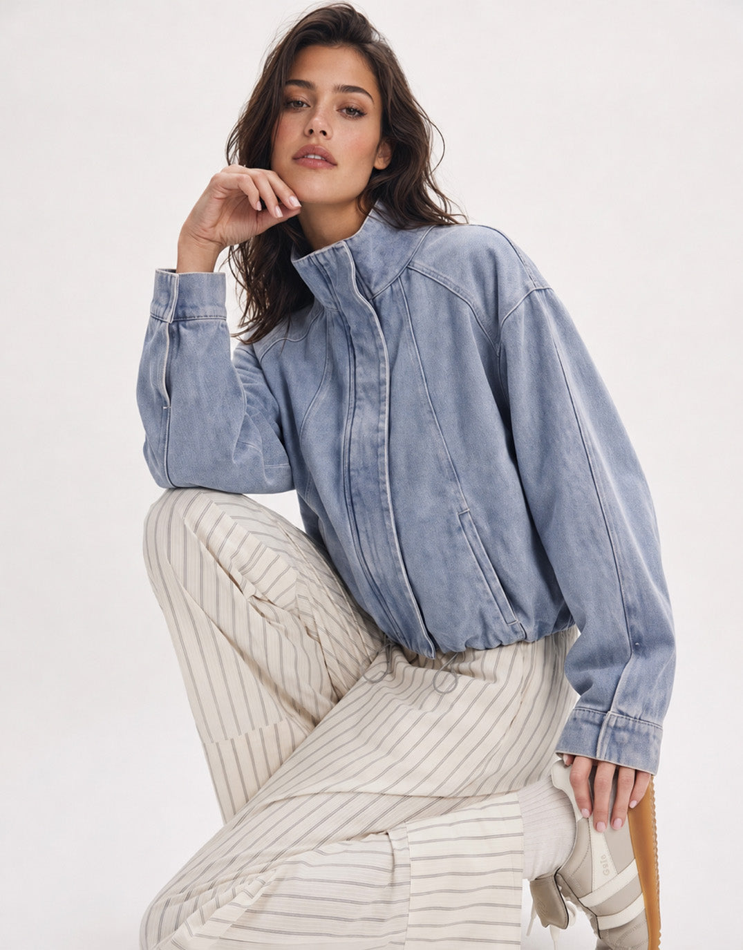132 Fashion Leni Denim Bomber Jacket (Light Wash Denim)