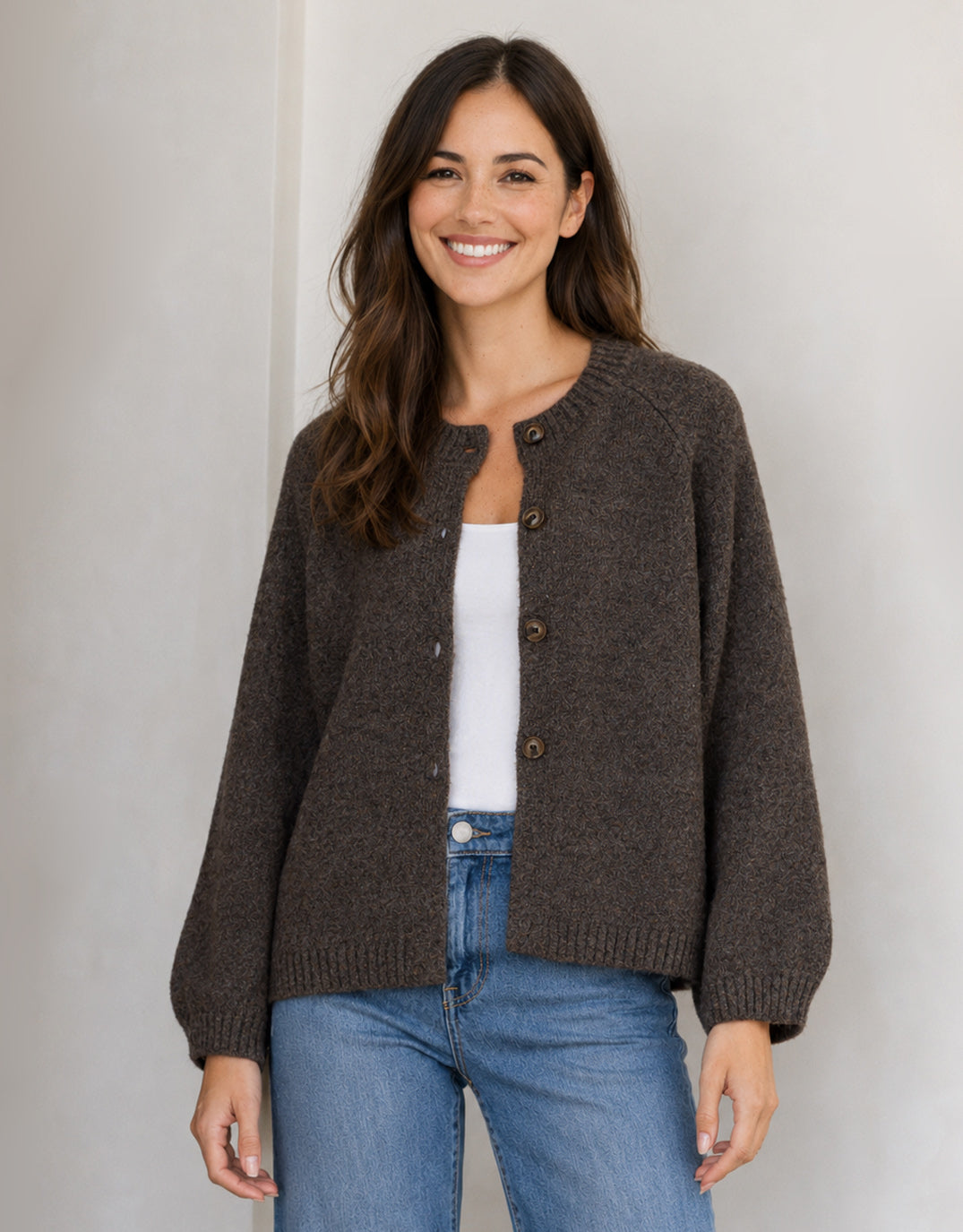 Image of a model wearing Outerwear. Product name - Lennox Long Sleeve Cardi Chocolate in Chocolate colour by brand - 132 Fashion