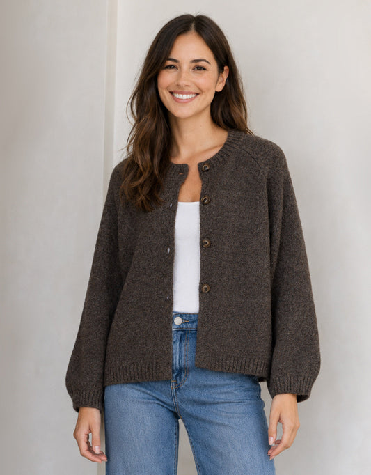 Image of a model wearing Outerwear. Product name - Lennox Long Sleeve Cardi Chocolate in Chocolate colour by brand - 132 Fashion