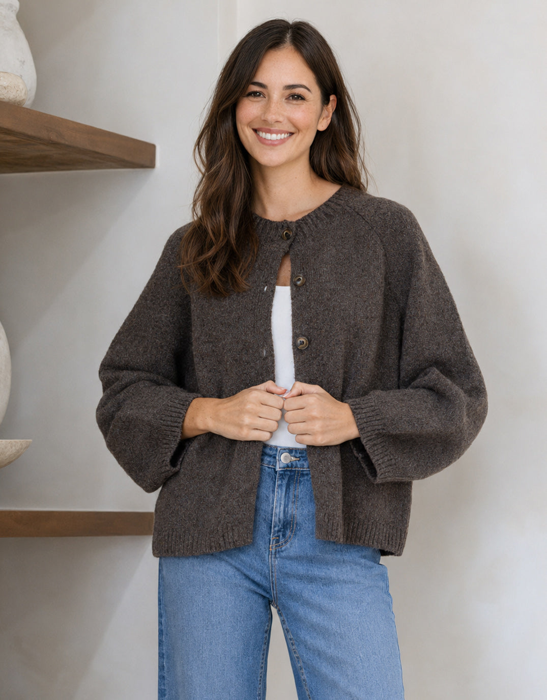 132 Fashion Lennox Long Sleeve Cardi (Chocolate)