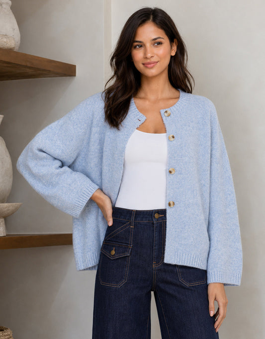 Image of a model wearing Outerwear. Product name - Lennox Long Sleeve Cardi Powder Blue in Powder Blue colour by brand - 132 Fashion