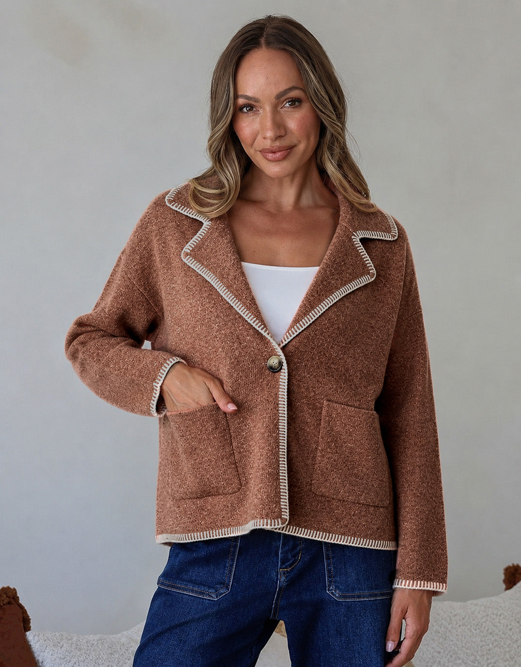 Image of a model wearing Outerwear. Product name - Mae Blanket Stitch Jacket Cinnamon in Cinnamon colour by brand - 132 Fashion