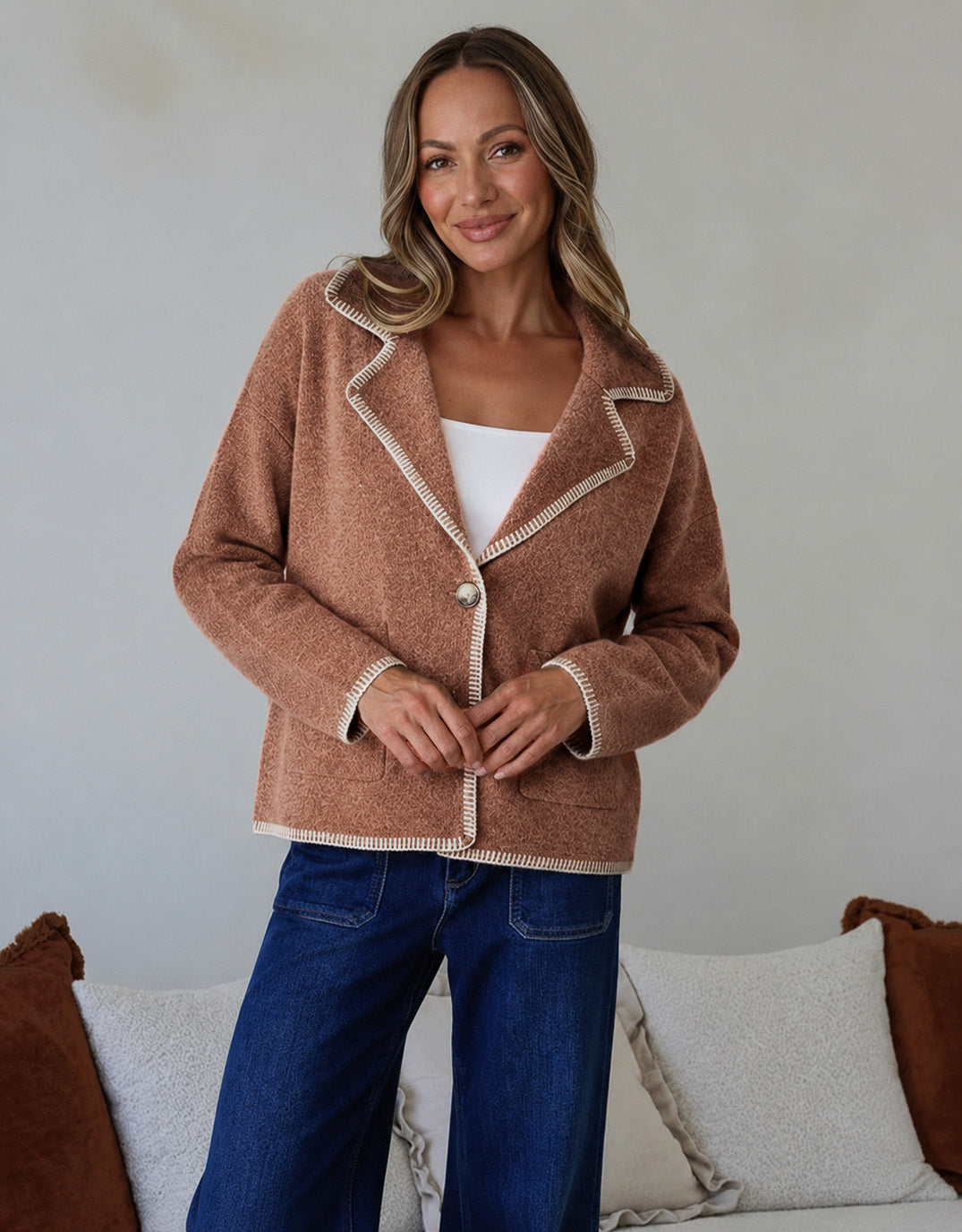 132 Fashion Mae Blanket Stitch Jacket (Cinnamon)