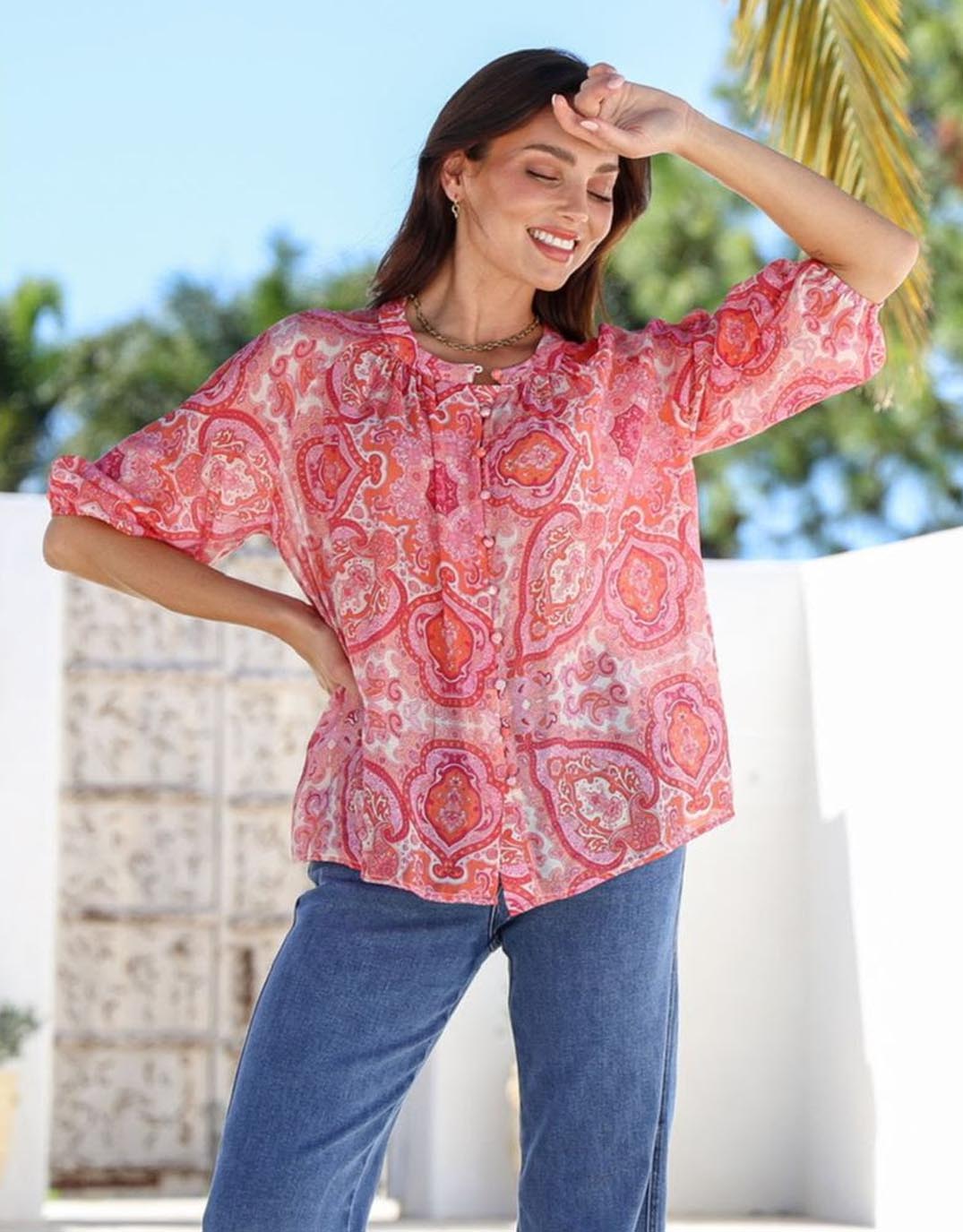Image of a model wearing Tops. Productname: Malta Blouse - in Red/Pink Paisley colour by brand - 132 Fashion