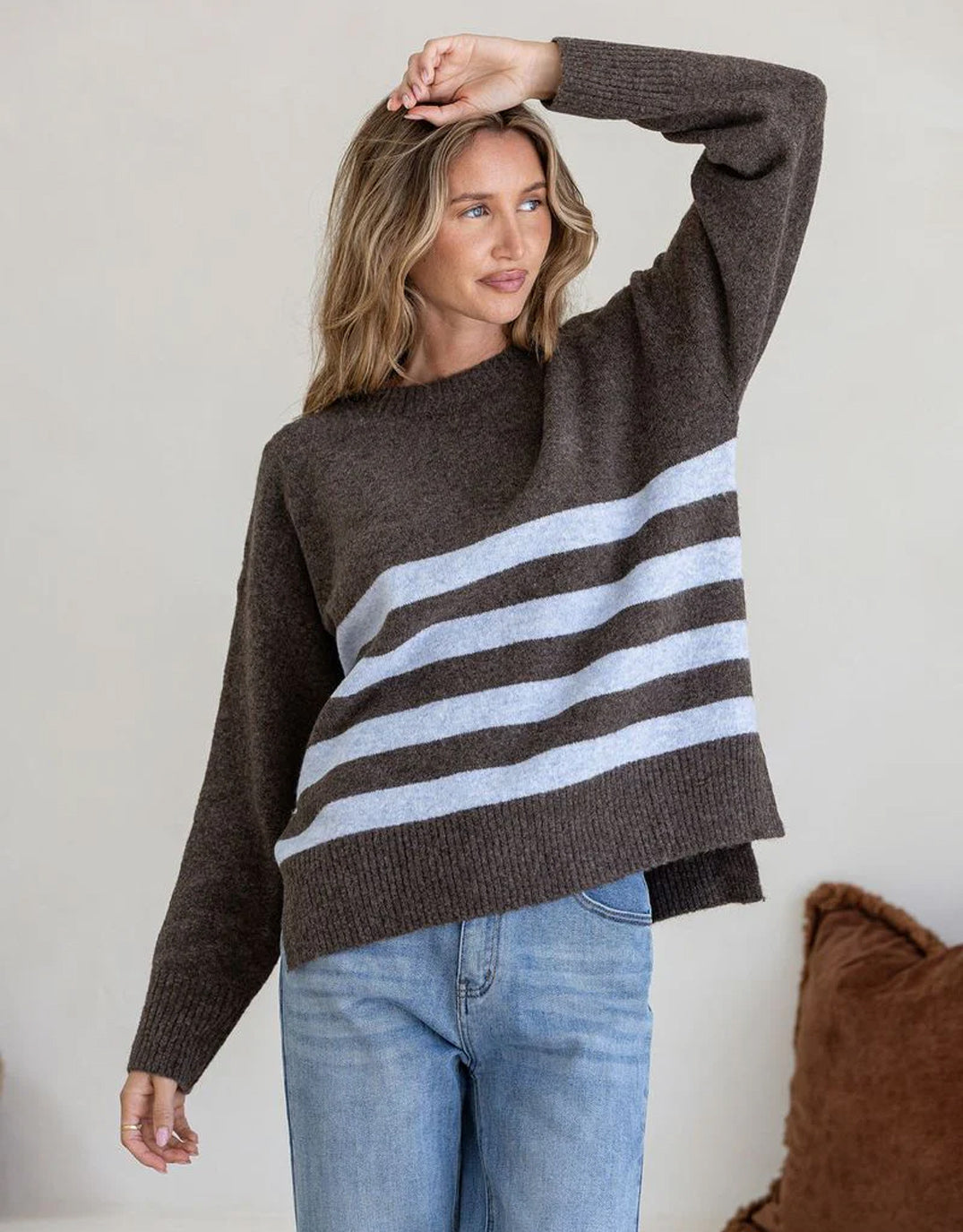 Image of a model wearing Outerwear. Product name - Manor Knit Chocolate/Blue in Chocolate/Blue colour by brand - 132 Fashion