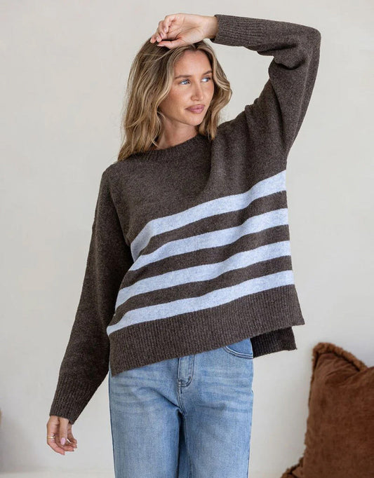 Image of a model wearing Outerwear. Product name - Manor Knit Chocolate/Blue in Chocolate/Blue colour by brand - 132 Fashion