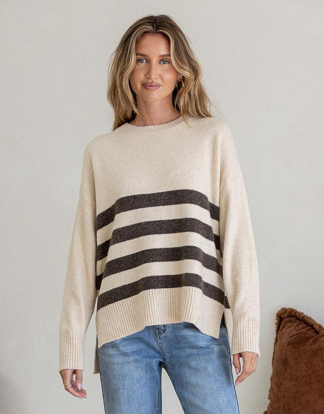 Image of a model wearing Outerwear. Product name - Manor Knit Natural/Chocolate in Natural/Chocolate colour by brand - 132 Fashion