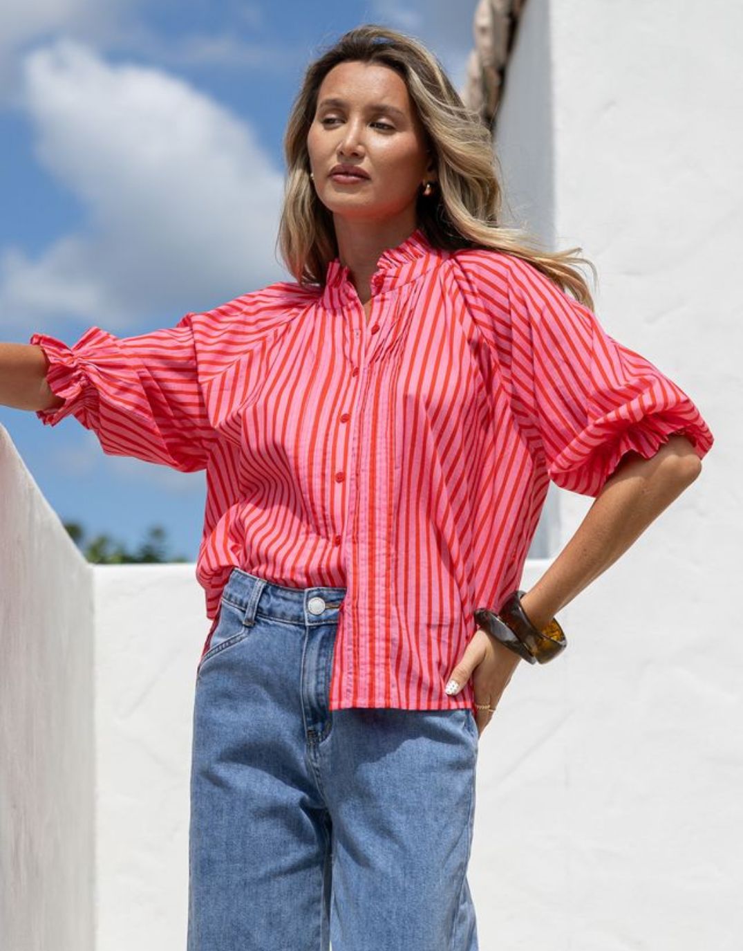 132 Fashion Margaret Stripe Blouse (Pink/Red)