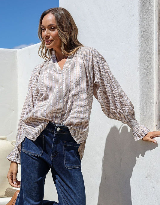 Image of a model wearing Tops. Productname: Mila Heart Stripe Blouse - in Latte/White colour by brand - 132 Fashion