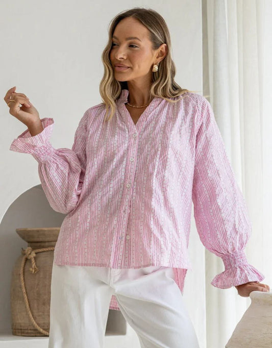Mila Heart Stripe Blouse - (Pink/White)
