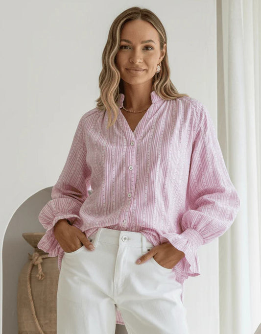 Image of a model wearing Tops. Productname: Mila Heart Stripe Blouse - in Pink/White colour by brand - 132 Fashion