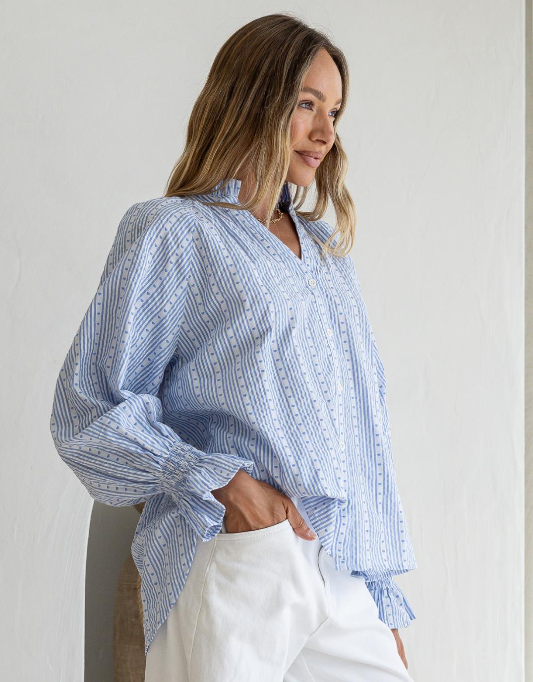 132 Fashion Mila Heart Stripe Blouse (Powder Blue/White)
