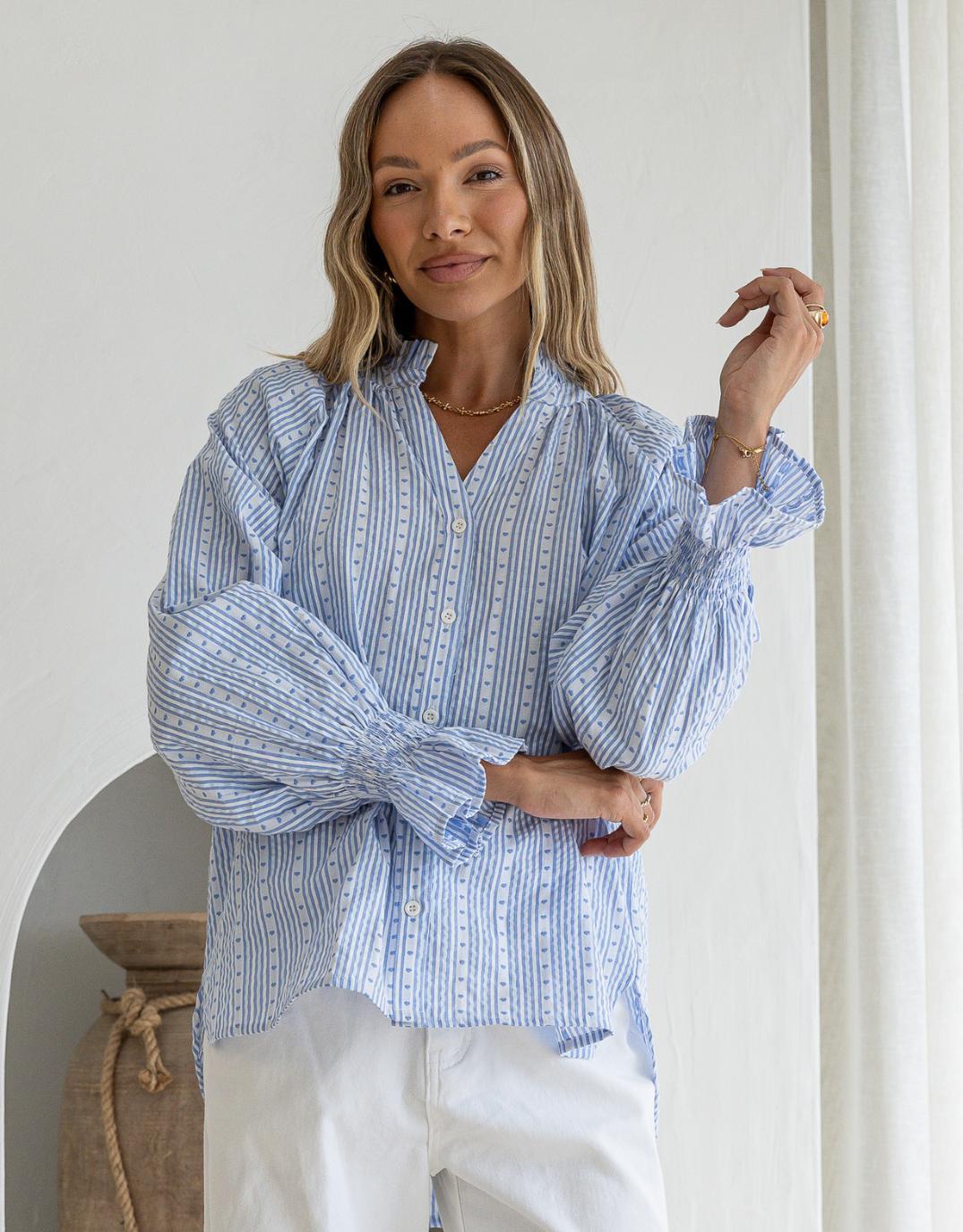132 Fashion Mila Heart Stripe Blouse (Powder Blue/White)