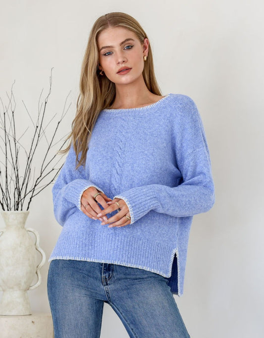 Image of a model wearing Outerwear. Productname: Rhea Blanket Stitch Knit - in Blue colour by brand - 132 Fashion