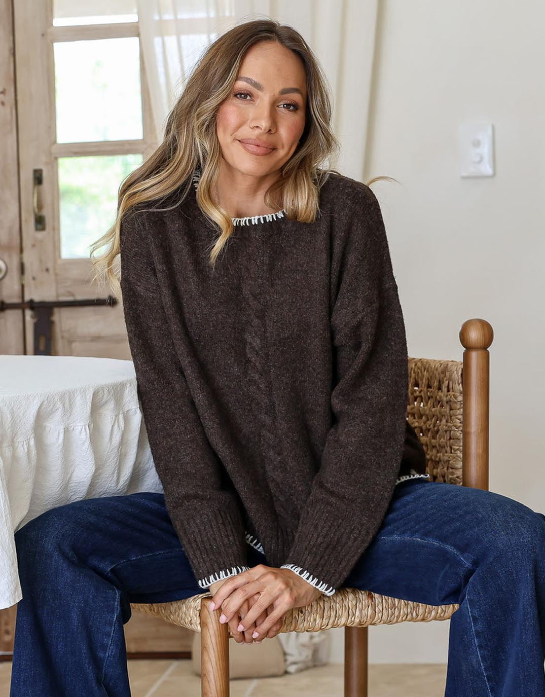 132 Fashion Rhea Blanket Stitch Knit (Chocolate/Latte)