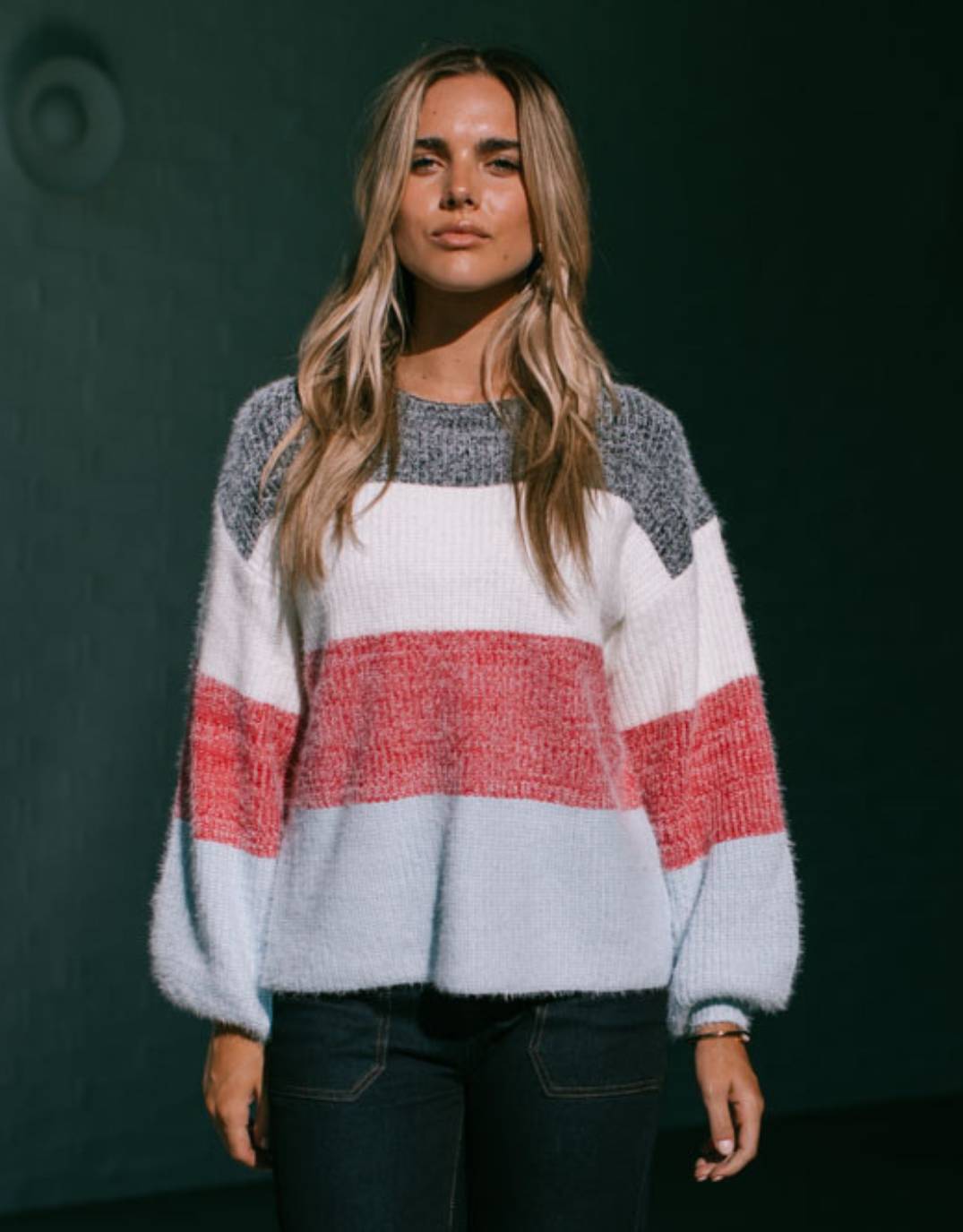 Image of a model wearing Outerwear. Productname: Rowan Balloon Sleeve Knit - in Blue/Berry colour by brand - 132 Fashion