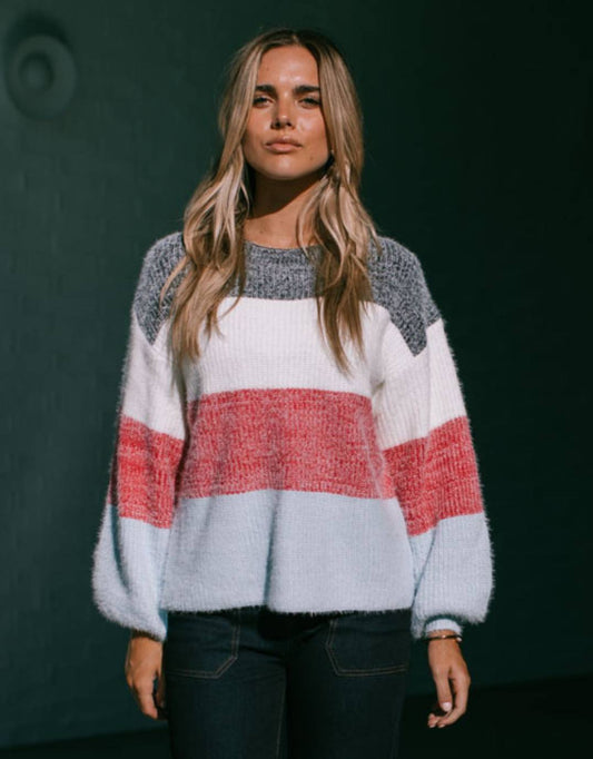 Image of a model wearing Outerwear. Productname: Rowan Balloon Sleeve Knit - in Blue/Berry colour by brand - 132 Fashion