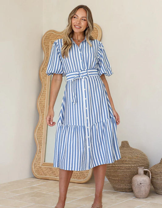 Sabine Stripe Belted Dress - (Blue/White)